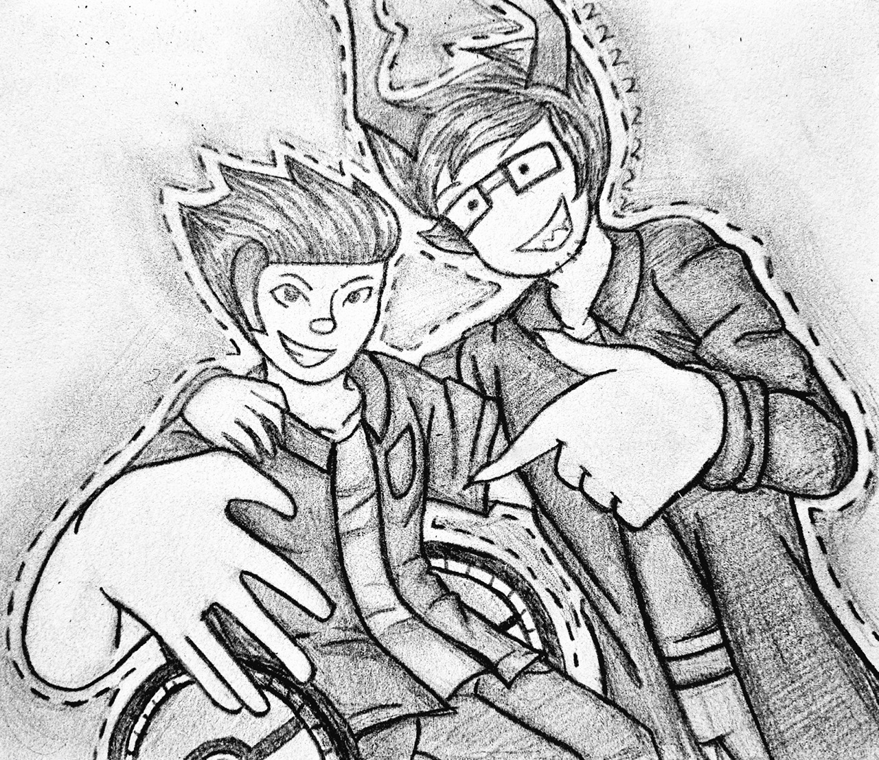 A traditional drawing of a human Tavros with a troll Jake. They’re both smiling, an arm around their shoulders, and posing for a photo.